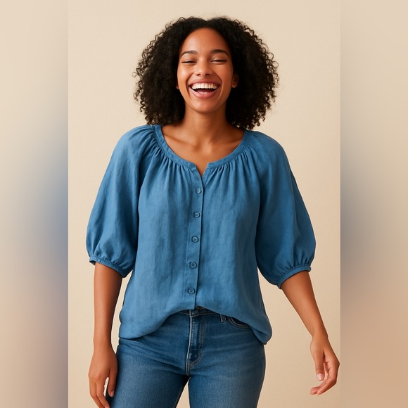 Sundance Blue Linen Women's Top Size M - Picture 1 of 2